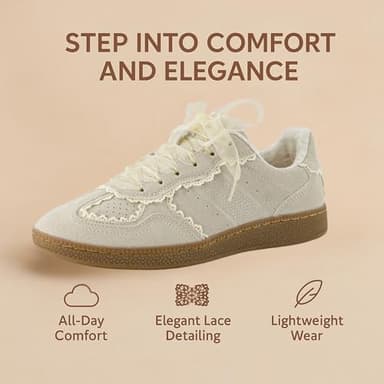 CUSHIONAIRE Belinda Women’s Lace Detail Casual Sneakers – Elegant Ribbon Lace-Up Shoes with Memory Foam, Ivory Vegan Suede 7.5 - Image 5