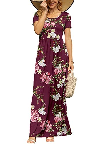 DB MOON Women's Casual Plus Size Maxi Dresses Short Sleeve Empire Waist Long Dress with Pockets(Flower Burgundy, XL) - Image 4