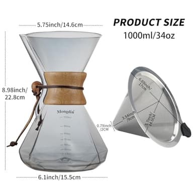 Mongdio 34oz/1000ml Pour Over Coffee Maker with Reusable Stainless Steel Filter and Wooden Collar Holder, 6-8 Cups Borosilicate Glass Coffee Maker for Camping Home, Gray - Image 3