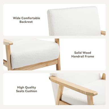 COMHOMA Mid Century Modern Accent Chair, Upholstered Living Room Chairs with Solid Wood Armrest, Comfy Reading Armchair for Bedroom, Sunroom, Balcony (Straight Armrests, White) - Image 8