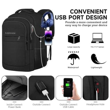 Travel Backpack, Large Carry on Backpack, 17 Inch Laptop Bag, Big Sturdy TSA-Friendly with USB Port College School Rucksack Bag, Gifts for Him Men Women, Black - Image 6