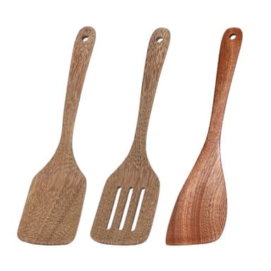 3 Pack Wooden Spatula for Cooking 12 Inches Paddle, Turner, Slotted Spatula, Cooking Utensils for Nonstick Cookware, Kitchen for Fish, Eggs, Pancakes - Image 1