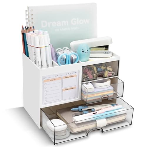 QIYVLOS Desk Organizer with 3 Drawer, Multi-Functional Pencil Pen Holder for Desk, Desk Organizers and Storage with 8 Compartments, Desktop Organizer for Office Home Art Supplies (White) - Image 1