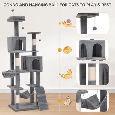 YITAHOME 75in Cat Tree Tower for Indoor Cats, Multi-Level Cat Furniture with Scratching Posts, Cat Caves, Padded Perch, Cozy Hammock, Ladder, and Plush Balls for Kittens, Pet Play House Light Gray - Image 4