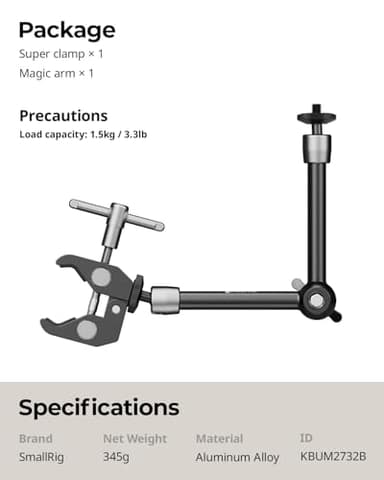 SMALLRIG Clamp w/ 1/4" and 3/8" Thread and 9.8 Inches Adjustable Friction Power Articulating Magic Arm with 1/4" Thread Screw for LCD Monitor/LED Lights - KBUM2732B - Image 9