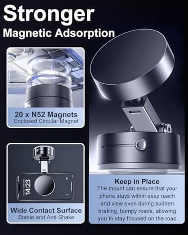 JingJinYY Vacuum Suction Magnetic Phone Holder, 2025 Upgraded Foldable and Retractable Magnetic Mount, A Movable Vacuum Suction Cup Car Phone Stand for Cars/Gyms/Mirrors/Smooth Surface (Black) - Image 3