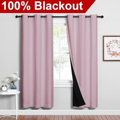 NICETOWN 100% Blackout Window Curtain Panels, Baby Pink, 2 Pieces, 42-inch Wide Per Panel, Full Light Blocking Drapes with Black Liner for Nursery, 72-inch Drop Thermal Insulated Draperies - Image 2