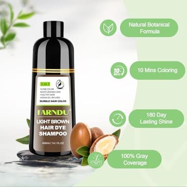 FARNDU Light Brown Hair Dye Shampoo 3 in 1 with Argan Oil – 10-15 Min Gray Coverage, Natural Instant Hair Color Shampoo for Women and Men, Long-Lasting Up to 6 Months - Image 5