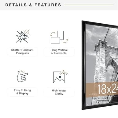 MCS Trendsetter 18x24 Poster Frame Black High-Gloss, Vertical & Horizontal Wall Hanging Large Picture Frame for Photos, Posters & Art Prints (1-Pack) - Image 6