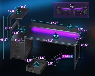 AODK 59 Inch Gaming Desk with USB Charging Ports & LED Light- Reversible Computer Desk with Storage Shelves & Monitor Stand, Modern Gamer Desk Table with Fabric Drawers & Side Hook, Carbon Fiber Black - Image 3