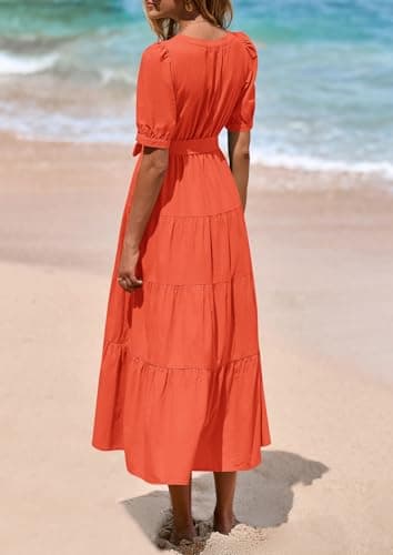 PRETTYGARDEN Summer Dresses for Women 2025 Elegant Classy Short Sleeve V Neck Ruffle A Line Belted Long Beach Vacation Dress (Orange,Large) - Image 2