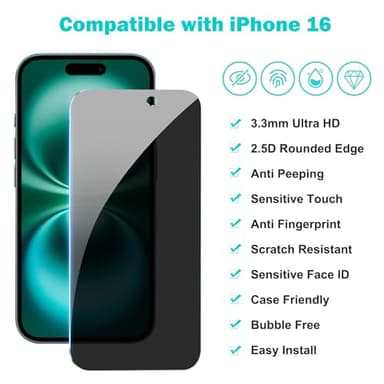 PEHAEL 3+3Pack for iPhone 16 Privacy Screen Protector with Camera Lens Protector Full Coverage Anti-Spy Tempered Glass Film 9H Hardness Easy Installation Bubble Free [6.1 inch] - Image 2