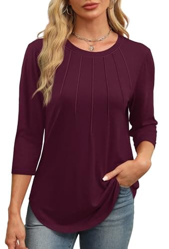 XIEERDUO 3/4 Length Sleeve Womens Tops Dressy Casual Crewneck Pleated Tunic Tops Loose Fit Burgundy M - Image 2