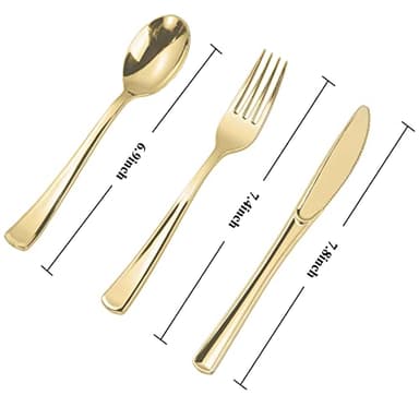 N9R 300PCS Gold Plastic Silverware, Heavy Duty Gold Plastic Cutlery Set Disposable Flatware Dinnerware, 100 Forks, 100 Spoons, 100 Knives, Perfect for Party, Wedding and Daily Use - Image 2