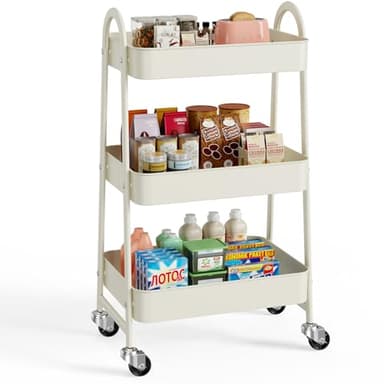 Sweetcrispy 3 Tier Metal Storage Utility Cart with Wheels, Kitchen Organizer Trolley Rolling Bathroom Laundry Room Bar Office Shelves Mobile Shelving Unit Caster for Snack Bedside Narrow Places, White - Image 1