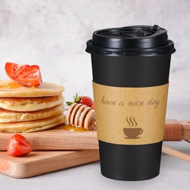 Lamosi 16 oz Coffee Cups 50 Pack, Disposable Coffee To Go Cups with Lids, Stir Sticks and Sleeves, 16 oz Black Hot Paper Cup for Home, Travel, Office - Image 4