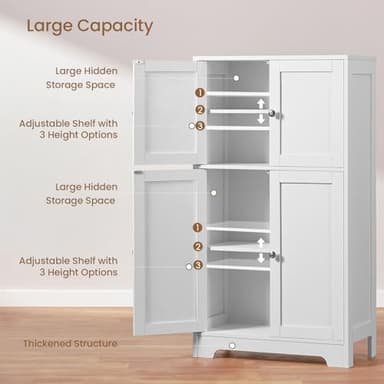 Iwell Bathroom Floor Storage Cabinet with 2 Adjustable Shelves & 4 Doors, Freestanding Bathroom Cabinet, Cupboard for Living Room, Entryway, Home Office, White - Image 4