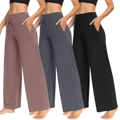 TNNZEET 3 Pack Women's Wide Leg Pants with Pockets - Casual Loose Yoga Trouser Pants Sweatpants Palazzo Lounge Pajama Pants - Image 1
