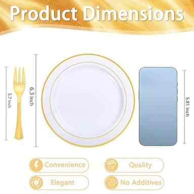 WELLIFE 120 PCS Plastic Dessert Plates and 120 PCS Forks, 6.3 inch Disposable Salad Plate, Premium White Appetizer Plates with Gold Rims Perfect for Parties, Weddings - Image 2