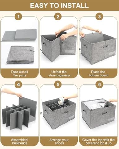 NEATJELAI Large Shoe Storage-2 Pack,Shoe Organizer for Closet Foldable Shoe Boxes with Adjustable Dividers and Clear Cover, Fits up to 32 Pairs, Grey - Image 7