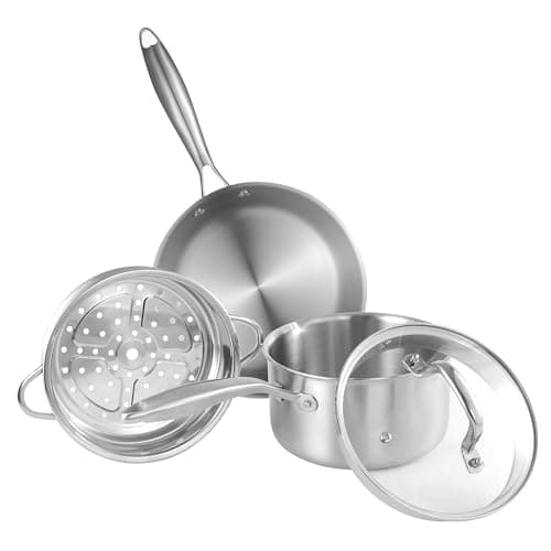 Leetaltree 3-Ply Stainless Steel Saucepan Set - 2.5 Quart Saucepan with Steamer Basket & 7" Shallow Saucepan, Multipurpose Cookware with Dual-Size Drainage Holes Lid, Induction & Oven Safe - Image 1