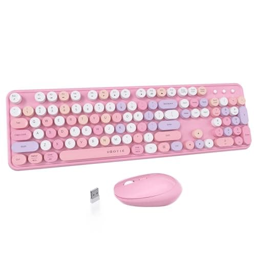 UBOTIE Colorful Computer Wireless Keyboard Mice Combo, Retro Typewriter Flexible Keys Office Full-Sized Keyboard, 2.4GHz Dropout-Free Connection and Optical Mouse (Pink-Colorful) - Image 1