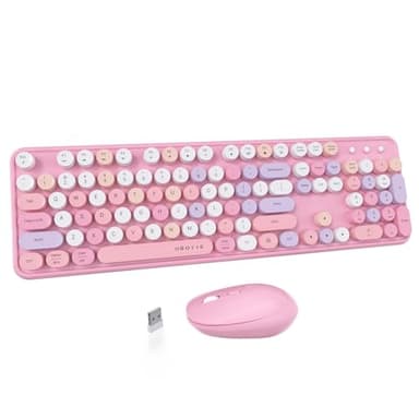 UBOTIE Colorful Computer Wireless Keyboard Mice Combo, Retro Typewriter Flexible Keys Office Full-Sized Keyboard, 2.4GHz Dropout-Free Connection and Optical Mouse (Pink-Colorful) - Image 1