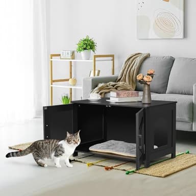 Homhedy Cat Litter Box Enclosure, Wooden Cat Washroom Furniture with Barn Door, Pet House, Fit Most of Litter Box, Black - Image 3