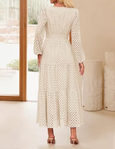 ZESICA Women's 2025 Fall Long Sleeve Maxi Dress V Neck Hollow Out Eyelet A Line Long Flowy Casual Party Dresses Apricot Medium - Image 4