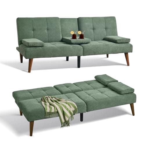 COLAMY Futon Sofa Bed-Fabric Small Couch, Small Lounge Convertible with 2 Cup Holders, Removable Soft Armrest, Adjustable Backrest for Dorm/Bedroom/College - Image 1