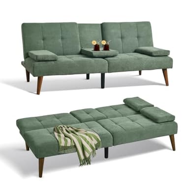 COLAMY Futon Sofa Bed-Fabric Small Couch, Small Lounge Convertible with 2 Cup Holders, Removable Soft Armrest, Adjustable Backrest for Dorm/Bedroom/College - Image 1