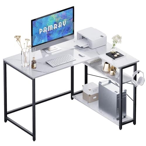 Pamray 43 Inch L Shaped Computer Desk with Reversible Side Storage Shelves, Small Corner Desk for Small Space Home Office,Writing Study Table PC Desk for Bedroom,White Marble - Image 1