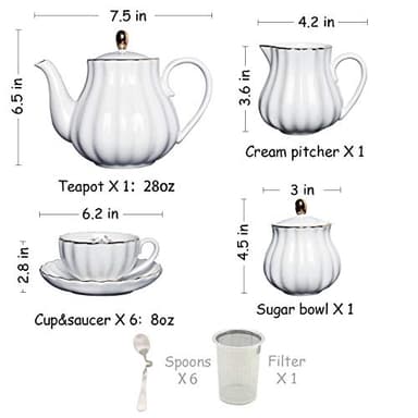 Porcelain Tea Sets British Royal Series, 8 OZ Cups& Saucer Service for 6, with Teapot Sugar Bowl Cream Pitcher Teaspoons and tea strainer for Tea/Coffee, Pukka Home (Pure White) - Image 3