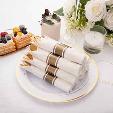 Joyido 200Guests Pre Rolled Gold Plastic Silverware Sets - Heavy Duty Gold Cutlery - Include 200 Pack Wrapped Disposable Utensils with Napkins for Parties & Dinners & Weddings - Image 8