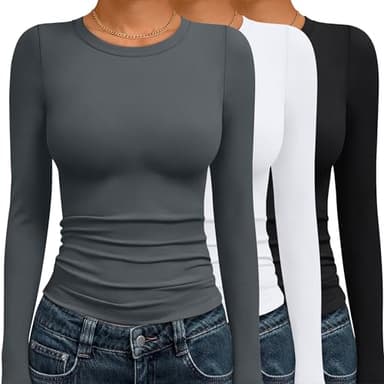 AUTOMET 3 Pack Womens Long Sleeve T Shirts Fall Fashion Basic Going Out Crop Tops Slim Fitted Winter Clothes 2025 Black White Gray S - Image 1