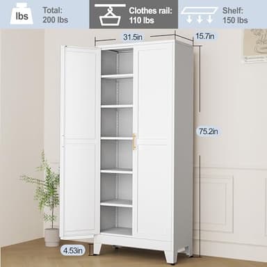 RISTERN White Metal Storage Cabinet,75" Steel Cabinets for Home Office, Kitchen Pantry Storage Cabinet with Doors and 5 Adjustable Shelves, Tool Cabinets, for Office, Home, Garage, School - Image 3