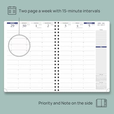 POPRUN 2025-2026 Academic Planner Spiral Bound, 8.5'' x 11.25'' Appointment Book (July 2025-June 2026) Quarter-Hourly Weekly Schedule, Leather Cover, Monthly Tabs, 2 Inner Pockets - Claret - Image 3