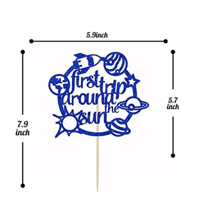 CHANGCAO First Trip Around The Sun Cake Topper Happy Birthday Toppers for Outer Space Theme Party Decorations Baby 1st Birthday, One Year Old Supplies Rocket Galaxy Planet Kids blue flash - Image 3