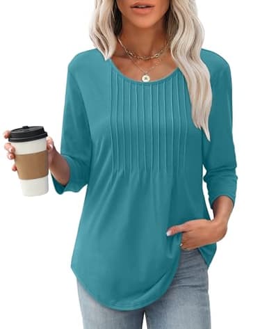 XIEERDUO Summer Tops for Women 2025 3/4 Length Sleeve Pleated Business Work Casual Blouse Fall Fashion Clothing Outfits Beach Vacation Clothes A-Turquoise XL - Image 2