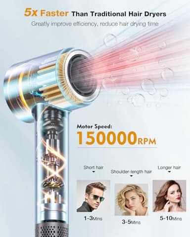 VivaEase Hair Dryer, 160000 RPM Professional High Speed Ionic Blow Dryer for Fast Drying, 5 Temps Quiet Hair Dryer with HD Display for Women, Low Noise Blow Dryer for Home Salon-Grey - Image 4