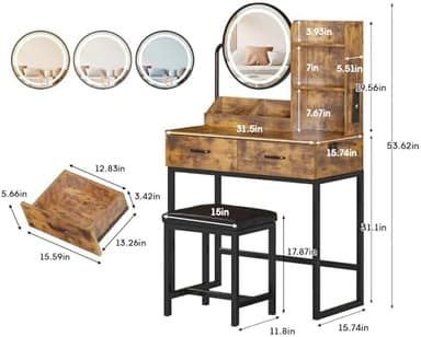 Vabches Makeup Vanity Desk with Round Mirror and Lights, Vanity Makeup Table with 2 Drawers, Small Vanity Table for Bedroom with Lots Storage (Brown with Charging, 15.75 * 31.5 * 53.6in - Image 3