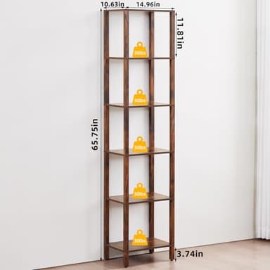 YUFAM 66in Tall Bookshelf 6-Tier Small Narrow Bookcase, Skinny Book Shelf for Small Space, Farmhouse Slim Shelf with Storage, Wood Freestanding Display Thin Bookshelves for Living Room, Office, Brown - Image 2