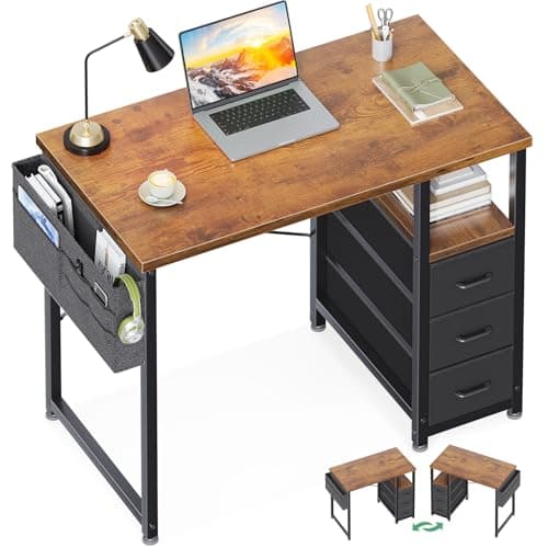 AODK 32" Small Computer Desk with Fabric Drawers, Kids Girls Teen Study Writing Desk for Bedroom, Home Office Desk with Storage Shelf & Bag for Small Space, Vintage - Image 1