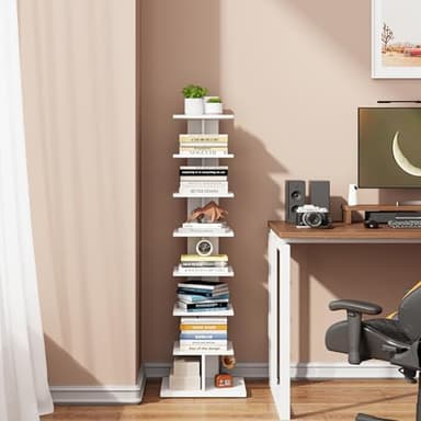 TUTOTAK Narrow Bookshelf, 8-Tier Bookcase, Spine Book Shelf for Small Space, Corner Standing Shelf for Living Room, Office, Study, Entryway, White BS06BW008 - Image 8
