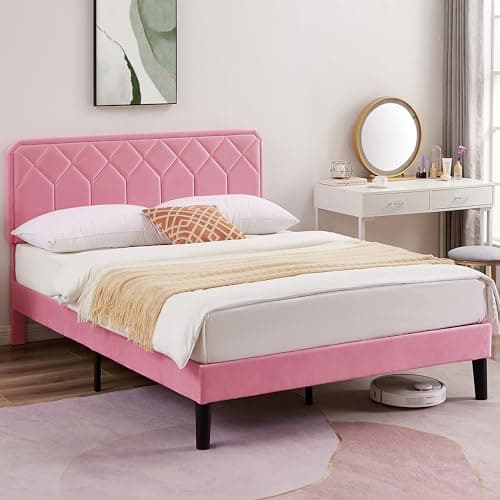 VECELO Full Size Bed Frame Premium Velvet Upholstered Platform with Height Adjustable Headboard/Mattress Foundation, Solid Wooden Slat Support, No Box Spring Needed/Easy Assembly - Image 1