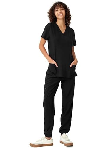 floralhue Scrubs for Women, V-Neck Scrubs Top & Cargo Pants, Scrubs Set with 10 Pockets, Yoga Waistband, 4 Way Stretch, Black, M - Image 1