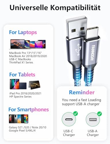 Fannoday USB C Cable, (2-Pack 6FT) USB Short Type C Cord Fast Charging Data Sync Braided Compatible with Samsung Galaxy S24 S23 S22, iPhone 15/15 Pro Max, LG, Pixel Other USB C Charger, Grey - Image 7