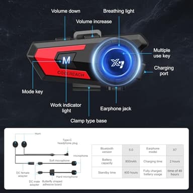 Khptop Motorcycle Helmet Bluetooth Headset,Sking Earphone,CVC Noise Cancellation Stereo Music Automatic answering,90 Hours Playing time High Sound Ultra-Thin Headset（Red） - Image 7