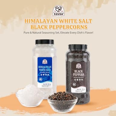 52USA Himalayan White Salt (Coarse Grain) 39 oz + Whole Black Peppercorns 18 oz, Salt and Pepper Grinder, Black Peppercorn Refil, Sea Salt for Grinder Refill - Image 3