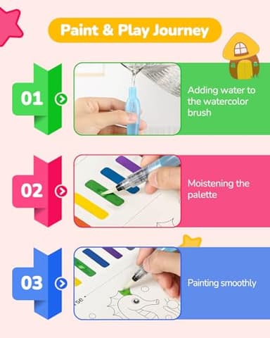 TECJOE 3 Pack Paint with Water Coloring Books for Toddlers, Watercolor Painting Set with 6 Brushes, Travel Activities for Kids Ages 1-3 4-8, Birthday Gifts Arts & Crafts Toy, Princess, Forest & Sea - Image 6